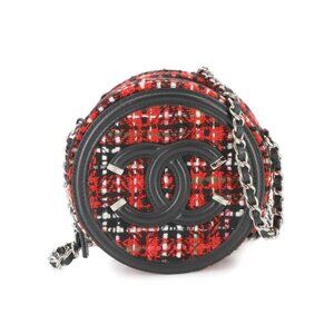 CHANEL CC Filigree Chain Shoulder Bag Tweed Leather Round